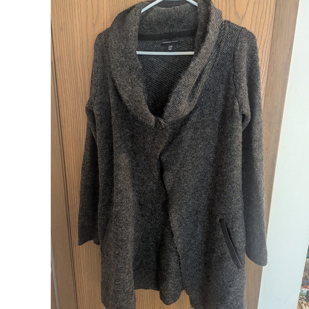 Adrienne Vittadini Gray Marl Shawl Collar Cardigan Sweater Faux Leather Trim XS
